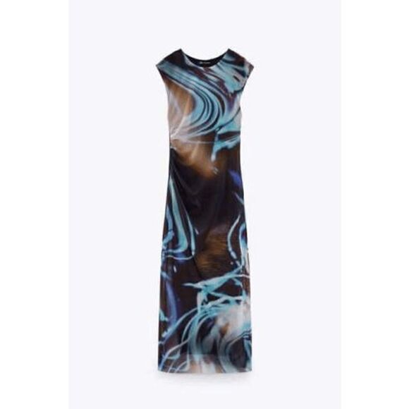 ZARA WOMAN NWT PRINTED TULLE DRESS BLUE BLACK - Picture 8 of 13